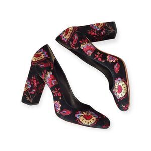 Loeffler Randall Sydnee Black Floral Suede Embroidery High Block Heel Pumps Sz 6